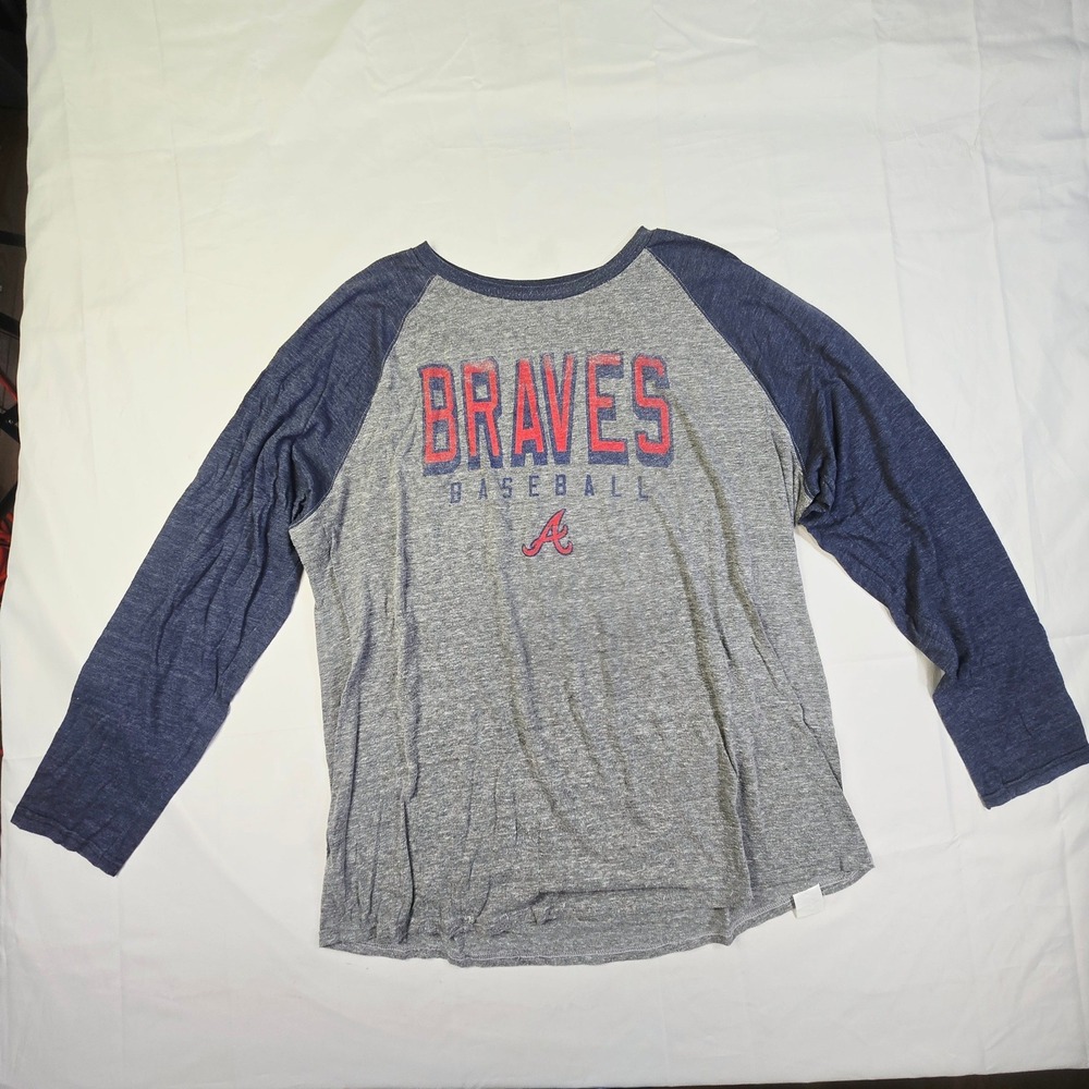 Atlanta Braves Baseball Raglan T-Shirt Men's 2XL Gray Navy Blue Long Sleeve MLB